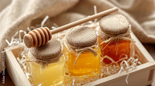 Three small jars of honey with a wooden honey dipper in a rustic wooden box