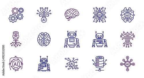 Artificial intelligence icons depicting circuits, robots, and conceptual data representations
