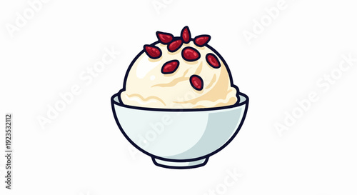 A stylized illustration of a light-colored dessert topped with red berries in a white bowl