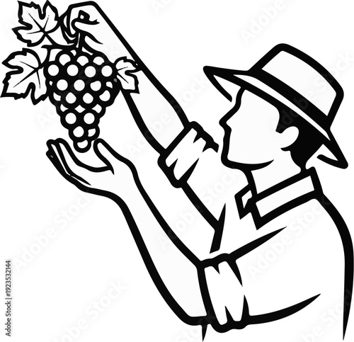 A stylized illustration of a person in a hat holding ripe grapes