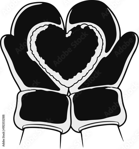 A heart shape held by two hands wearing winter gloves, with a furry texture
