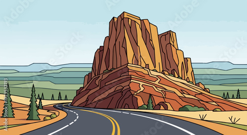 A winding road leads to a monumental rock formation in a scenic desert landscape
