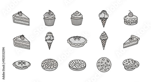 Assorted Dessert Icon Set: Cakes, Cupcakes, Ice Cream, Donuts, Pies, and Cookies Illustrations