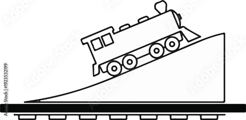 A stylized illustration of a steam train ascending a ramp
