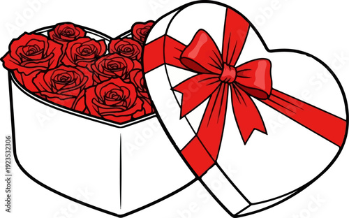 A heart-shaped box with red roses and a red ribbon