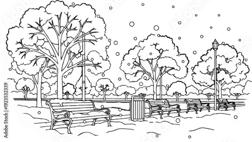 A winter scene in a park with bare trees, benches, and falling snow