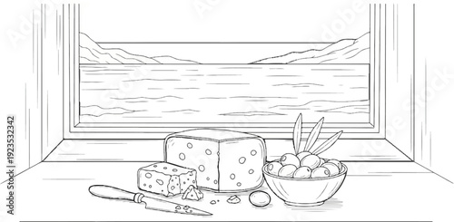 A window view of a calm sea and distant hills, with cheese and olives