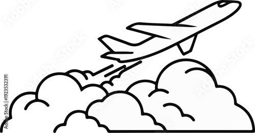 A simplistic outline drawing of a passenger jet flying through fluffy clouds