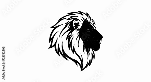 A stark black and white illustration of a male lion's profile