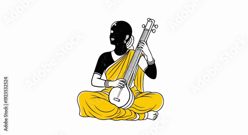 A woman in a yellow sari sits cross-legged playing a stringed instrument
