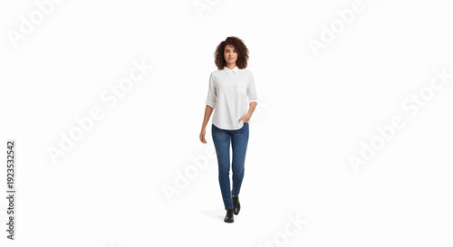 A woman with curly hair walks forward, wearing a white shirt and blue jeans