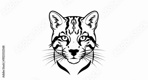 A stark black and white illustration of a wild cat's face, detailed with stripes