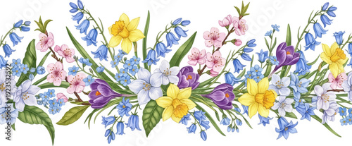 A horizontal watercolor border of spring blossoms, daffodils, bluebells, crocus, and forget-me-nots