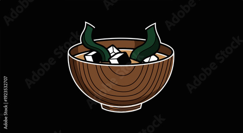 A wooden bowl of soup with seaweed and tofu cubes