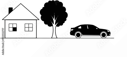 A house, a tree and a car are depicted in a simple graphic