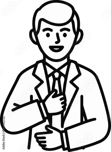 A stylized line drawing of a man in a suit adjusting his tie
