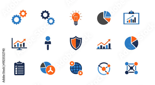 Business and Tech Icon Set Displaying Analytical Data Visualization and Process Symbols
