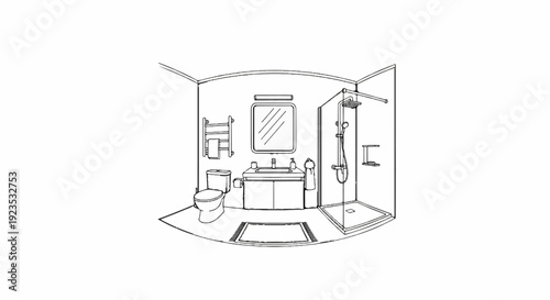A clean, modern line drawing of a bathroom with a toilet, sink, and shower