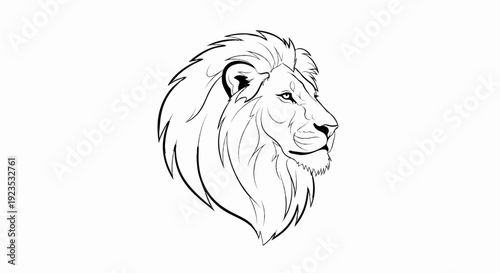 A stark black and white line drawing of a majestic lion's head