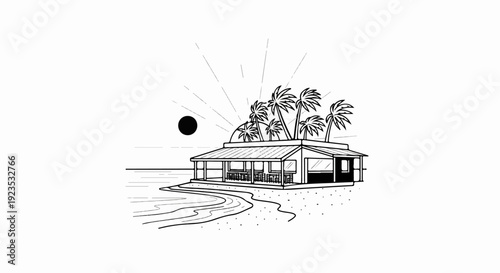 A simplified black and white illustration of a beachfront cafe with palm trees