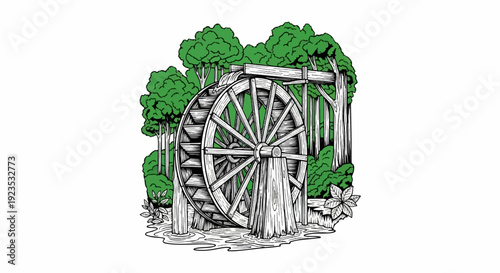 A wooden water wheel turns in a forest stream, surrounded by lush trees
