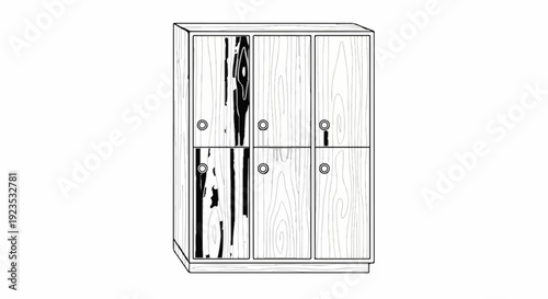 A wooden locker with six doors, three on top, three on bottom