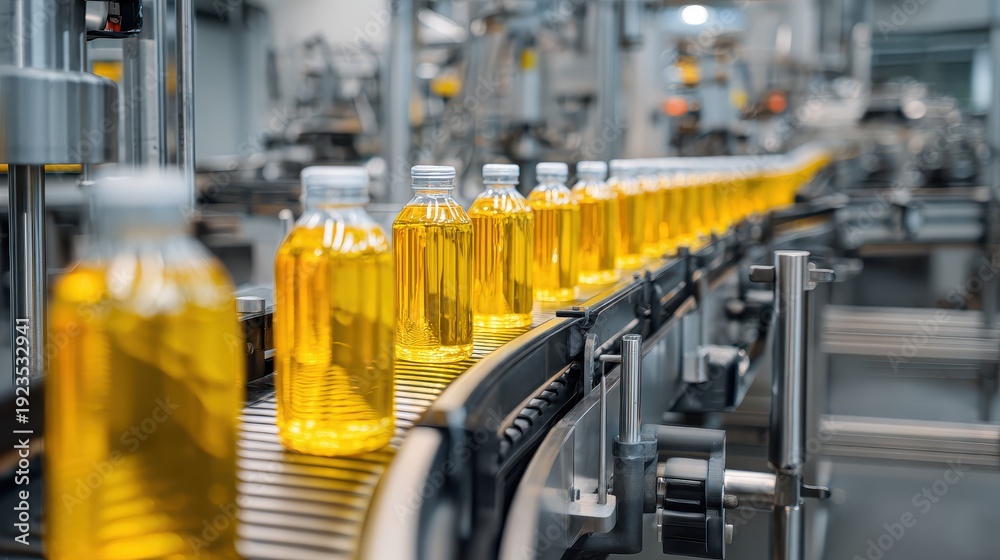 Naklejka premium Production line with transparent bottles filled with yellow liquid moving on conveyor belt in modern factory environment for food or chemical processing