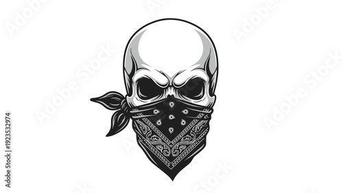 Grinning human skull wearing a black and white paisley pattern bandana as a face mask on a clean white background.