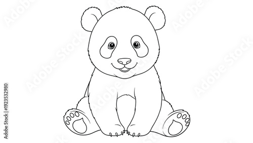 Cute baby panda sitting comfortably in a simple black and white line drawing style with a sweet and friendly expression on white.
