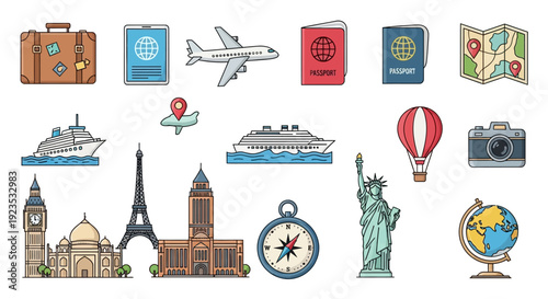 Cartoon illustrations of travel icons, destinations, and transport, vector illustrations