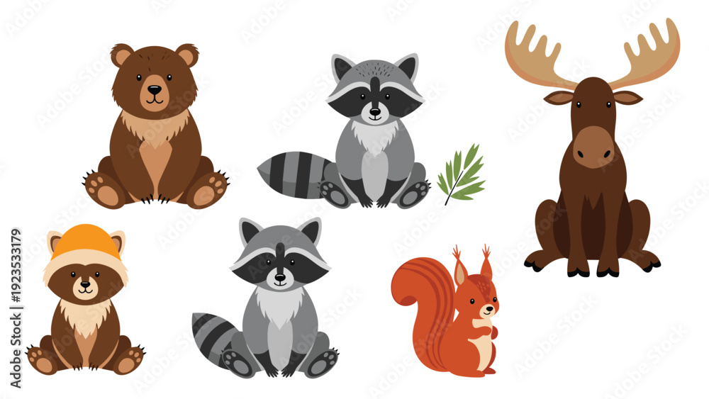 Fototapeta premium Set of forest animals including a bear, raccoons, a moose, and a squirrel sitting in a row on a white background.