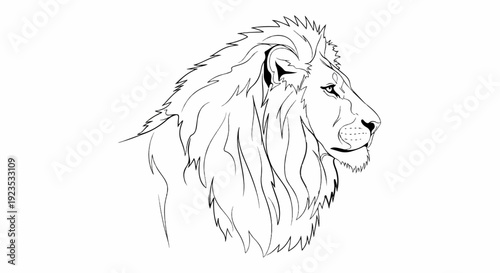 A stark black outline sketch of a majestic lion's profile on a white background