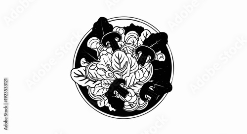 A close-up black and white illustration of a circular bowl filled with fresh salad ingredients