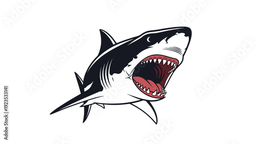Menacing shark with a massive open mouth and sharp teeth lunging forward in a dynamic underwater illustration.