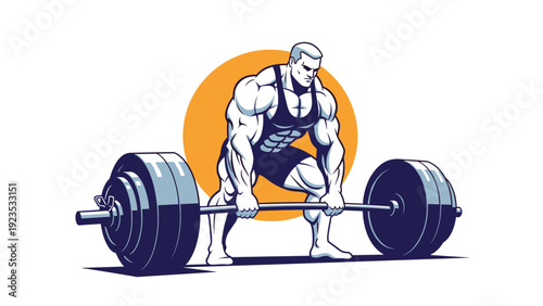 Strong muscular athlete performing a heavy deadlift with a loaded barbell in front of a bright orange sun graphic.