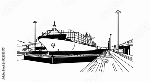 A large cargo ship is docked in a canal with surrounding infrastructure