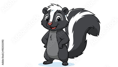 Friendly cartoon skunk standing with its hands on its hips and a happy smiling face isolated on white background.