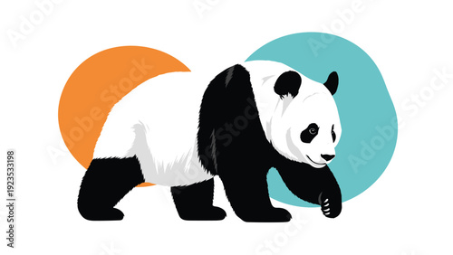 Artistic illustration of a giant panda walking forward against a background of large abstract orange and teal circular shapes.