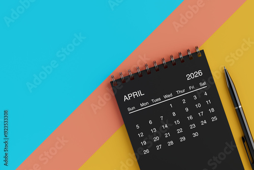 Black Flip Monthly April 2026 Business Calendar with Black Pen. 3d Rendering