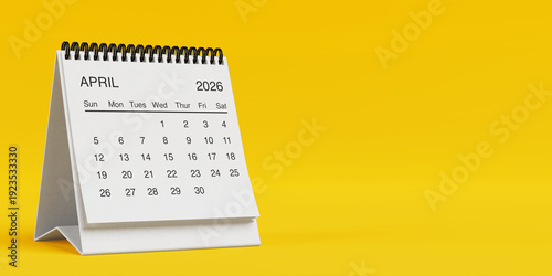 White Desk Monthly April 2026 Business Calendar. 3d Rendering