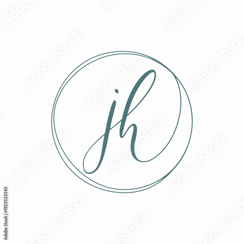 Elegant sage green monogram logo featuring handwritten J and H in a fine line circle. Minimalist signature design for organic beauty brands, wellness, and boutique spas. Professional vector icon.