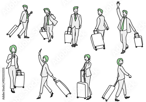 出張や旅行へ向かうスーツ姿のビジネスパーソンたちがスーツケースを引いて歩くイラストセット｜様々なポーズやシチュエーションで移動する男女のベクター素材