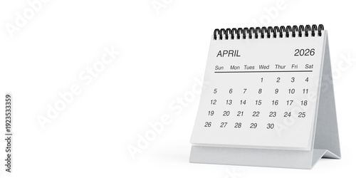 White Desk Monthly April 2026 Business Calendar. 3d Rendering