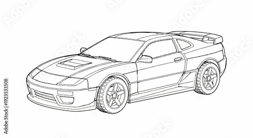 A detailed sketch of a sleek, sporty coupe automobile with a spoiler