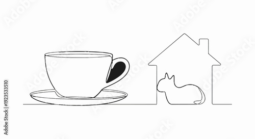 A simple outline shows a cup of coffee with a cat inside a house shape