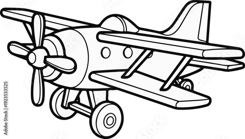 A simple outline drawing of a vintage biplane toy with a propeller and wheels