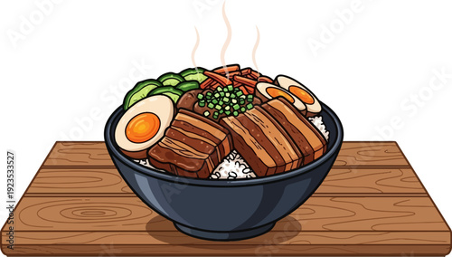 A steaming bowl of rice with braised pork belly, eggs, and vegetables