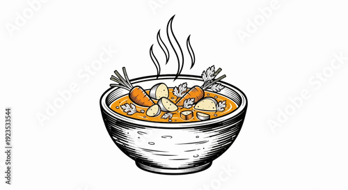 A steaming bowl of vegetable soup with carrots and potatoes, illustrated
