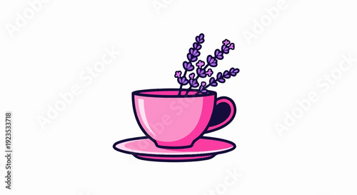 A pink teacup with lavender sprigs sits on a matching saucer