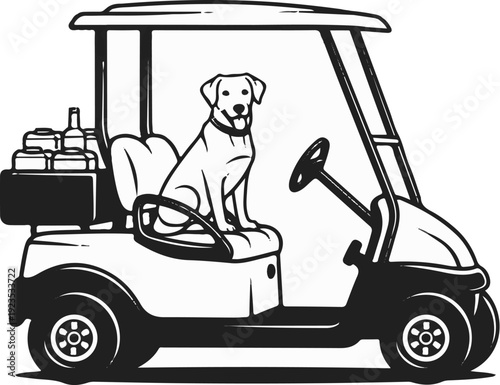 A dog sits in a golf cart with drinks in the back